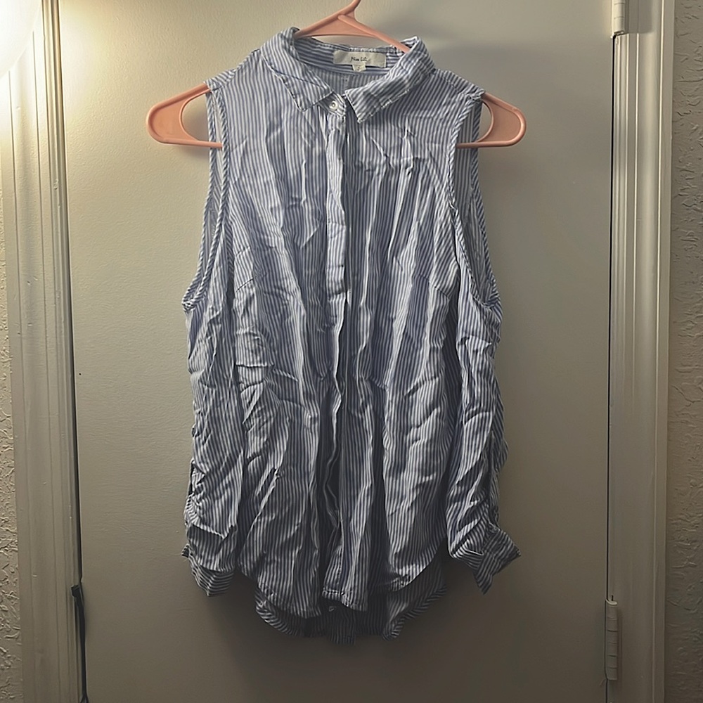 Off the shoulder white and light blue striped long sleeve blouse
